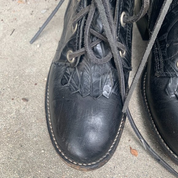Larry Mahan lace-up tooled leather boots 6M black - Picture 6 of 9